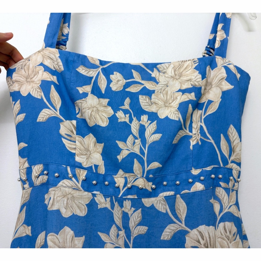 Agua by Agua Bendita Lima Madera Maxi Dress Linen Blue Ivory Floral Print L - Picture 7 of 16